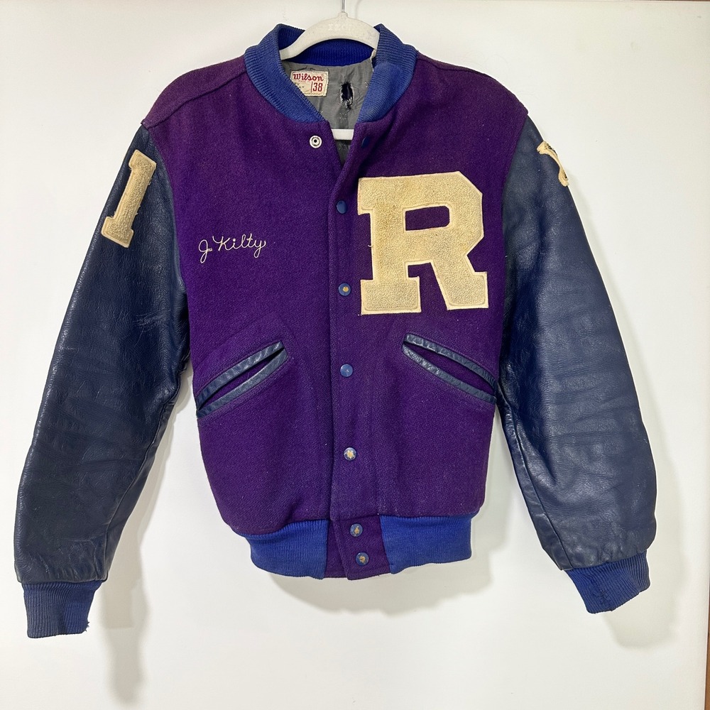 Vintage Wilson Varsity Letterman Jacket 38 Purple Wool Blue Leather USA Patch